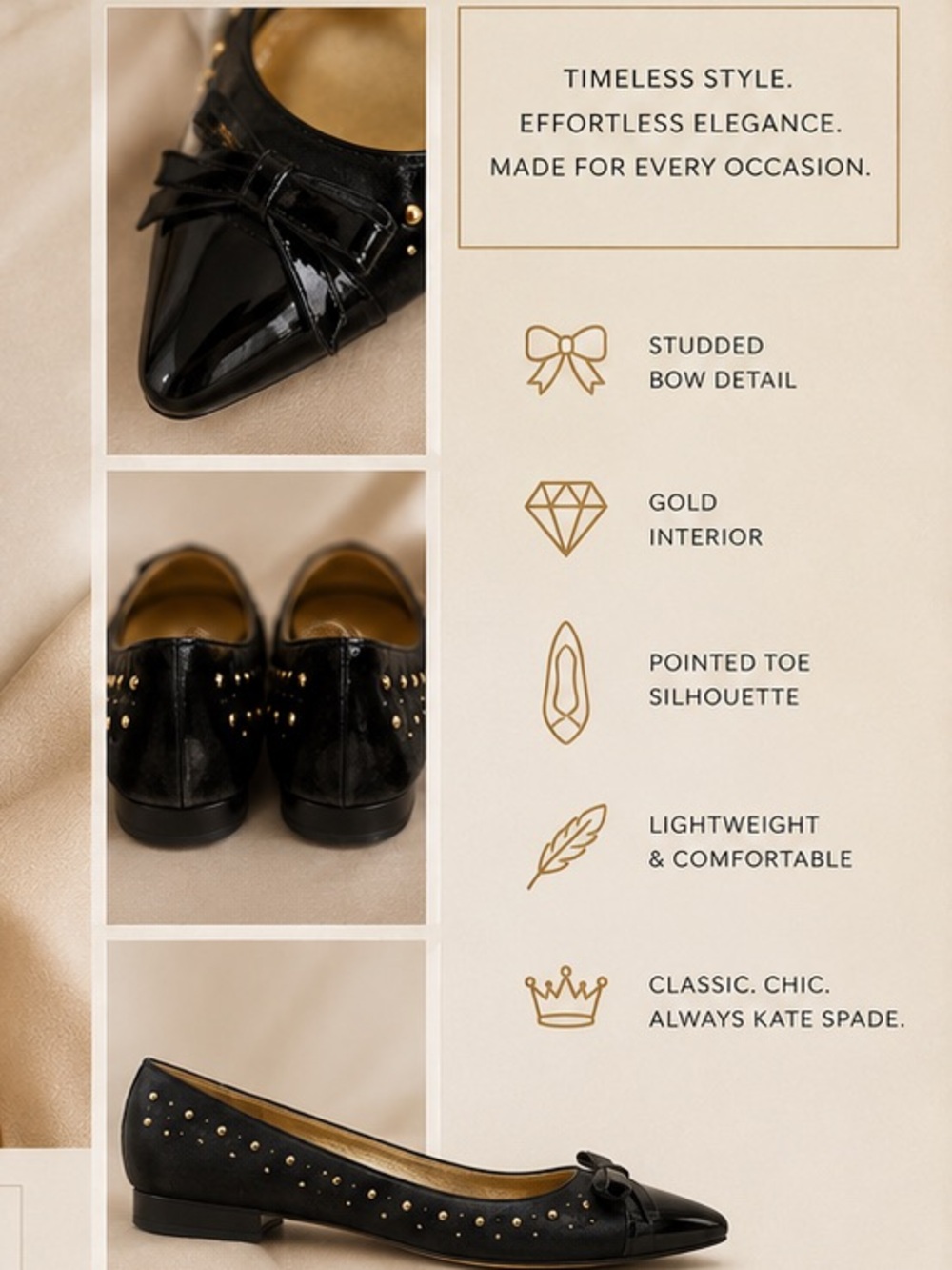 Kate Spade Black Studded Bow Flats✨ Gold Detail Pointed Toe Classic Luxury - Picture 4 of 7